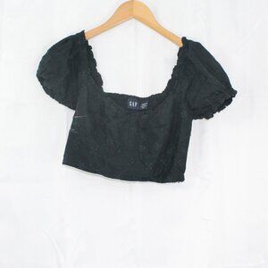 Gap Cotton Black Crop Top with Puffy Sleeves and Embroidered Patterns